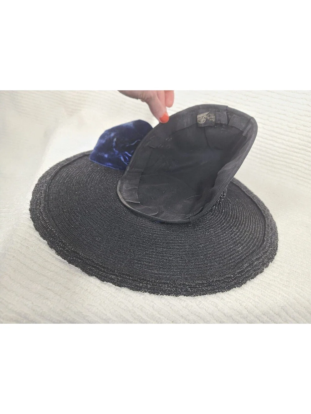 Vintage 1940s Saucer Hat Black Woven Straw Blue Silk Velvet Cloche Tilt Unique